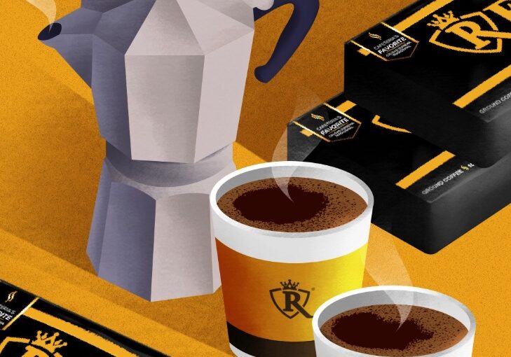 Moka pot with Café Real Cuban espresso coffee and branded cups