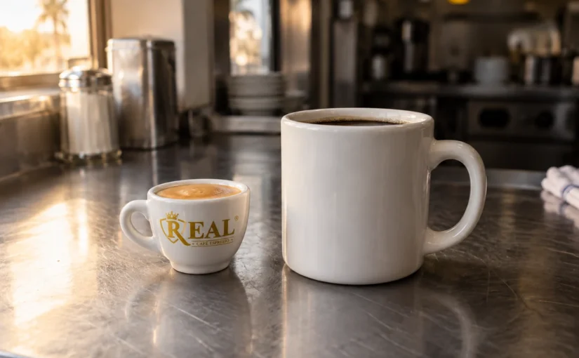 A one-ounce cafecito with espumita beside a full mug of drip coffee